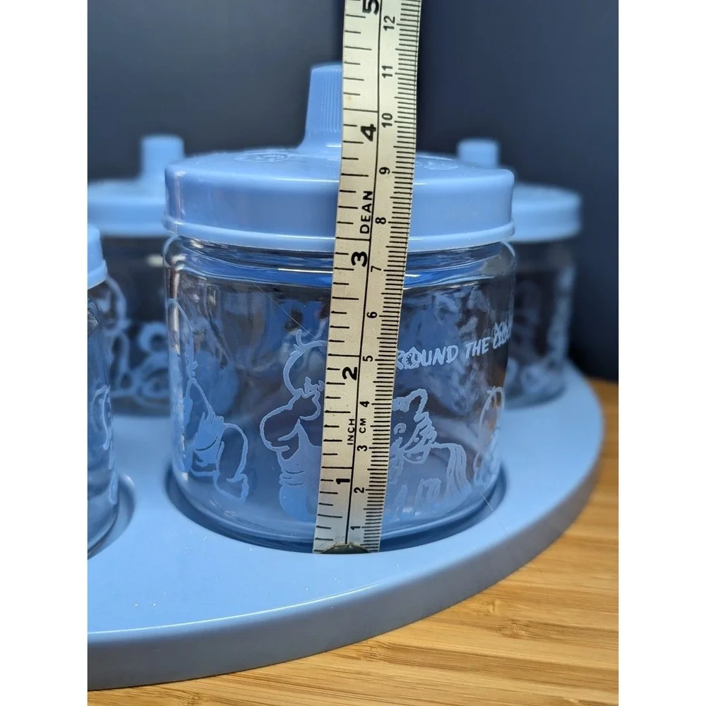 Vintage Baby Nursery BLUE Vanity Changing Table Glass Jar Set W/Tray Lids 1950s